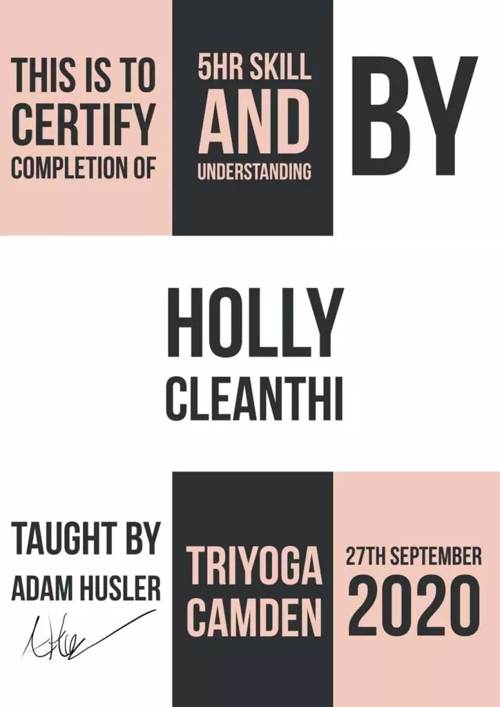 A poster with the words certify completion of and by holly cleanthi.